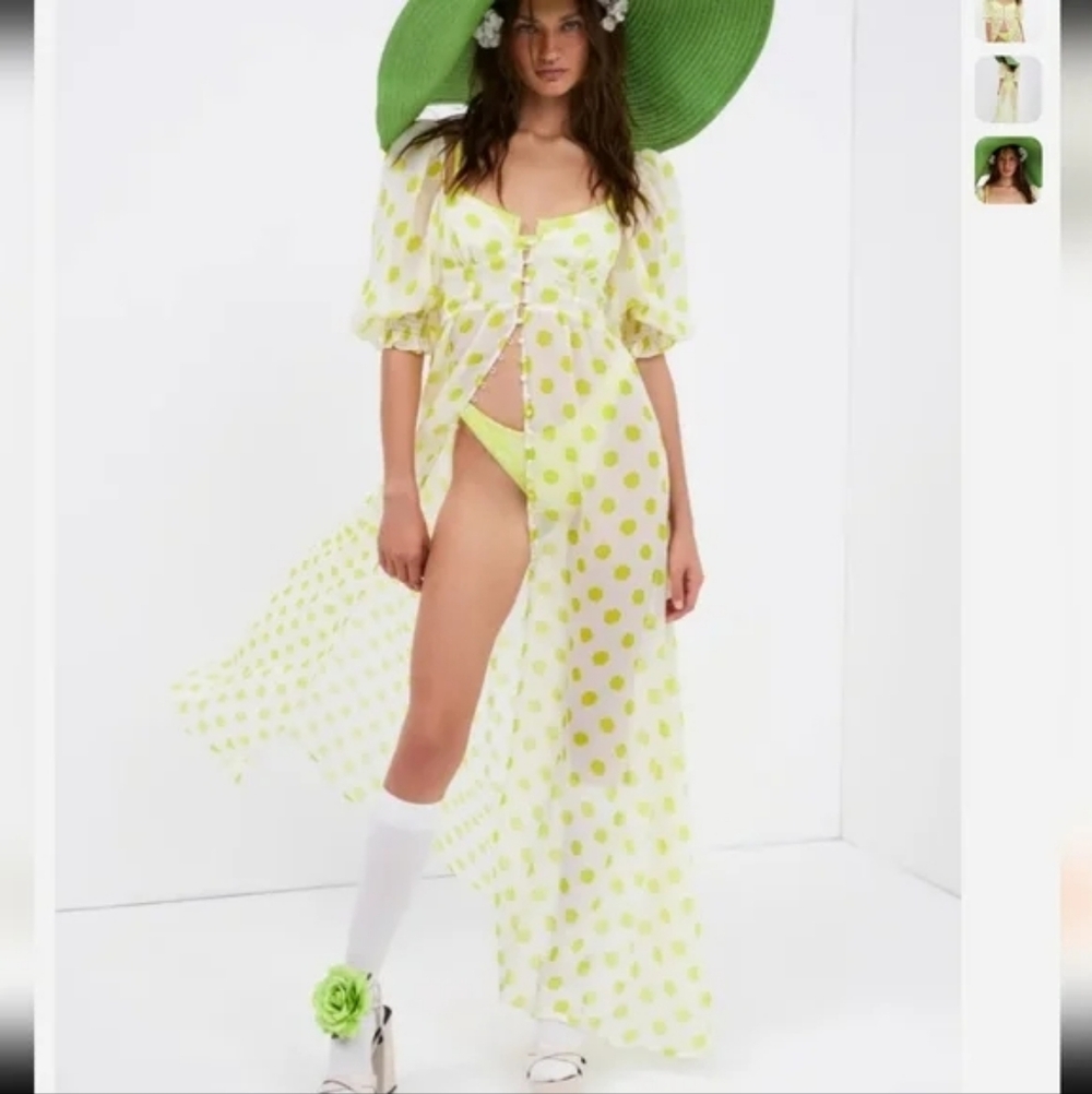 For Love And Lemons Morgan Yellow Polka Dot Chiffon Button Down Maxi Dress XS